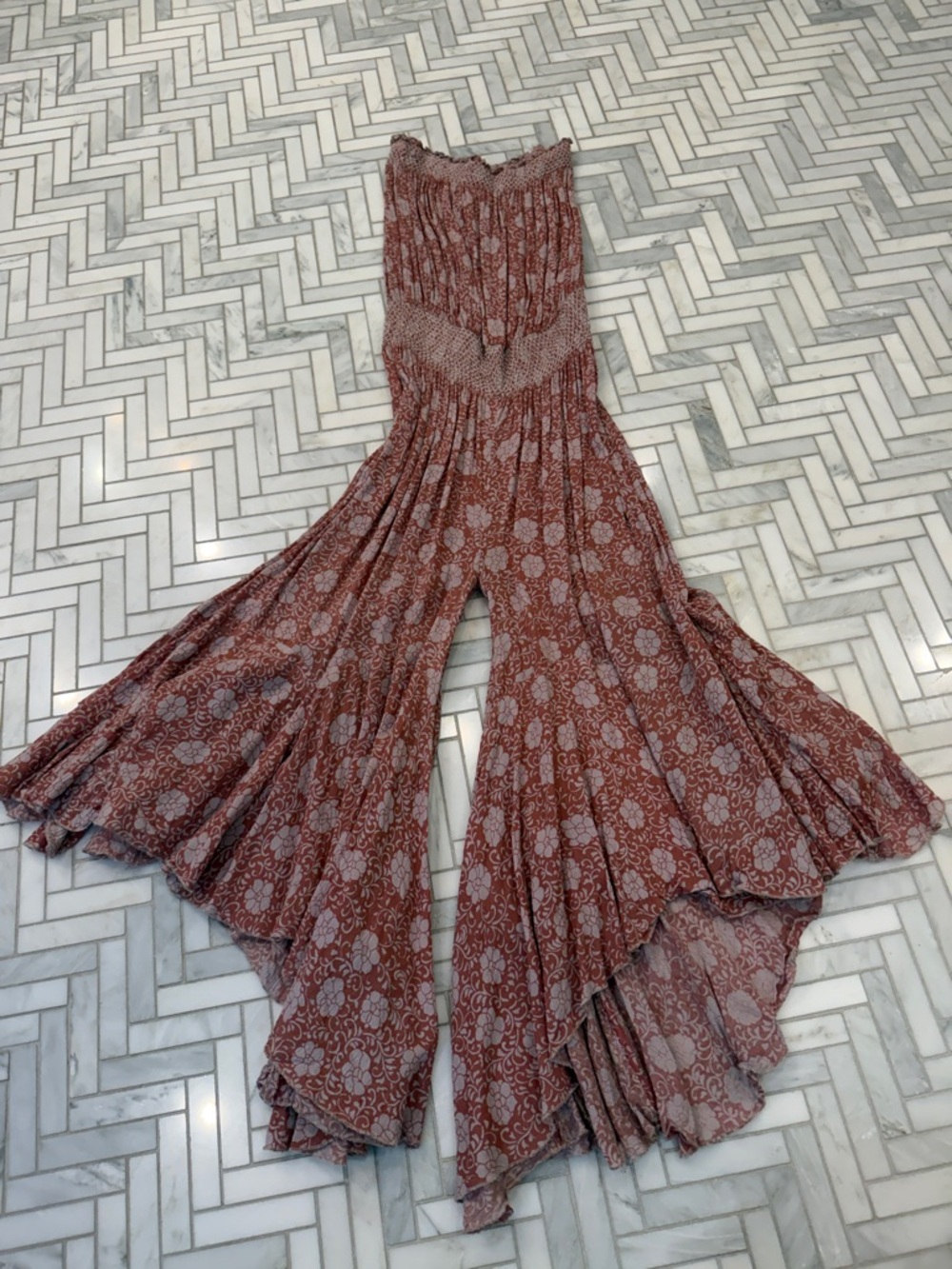 Free People Mauve Floral Smocked Wide-Leg Jumpsuit